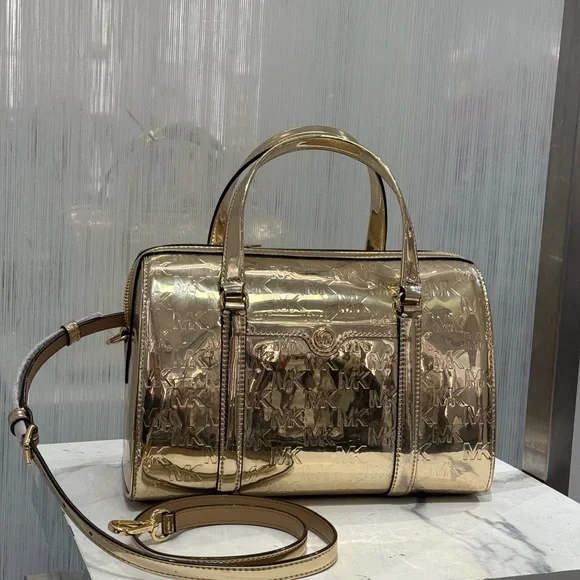 NWT Michael Kors Jet Set Women Medium Metallic Logo Debossed Satchel Bag - Picture 1 of 9